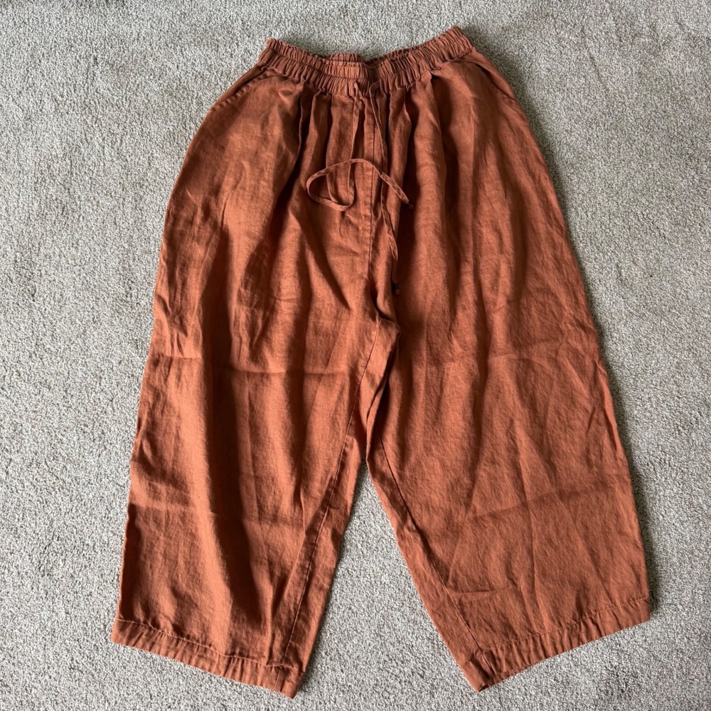 Buykud 100% Linen Brown Harem Style Pull On Pants W/ Drawstring & Pockets XL NEW